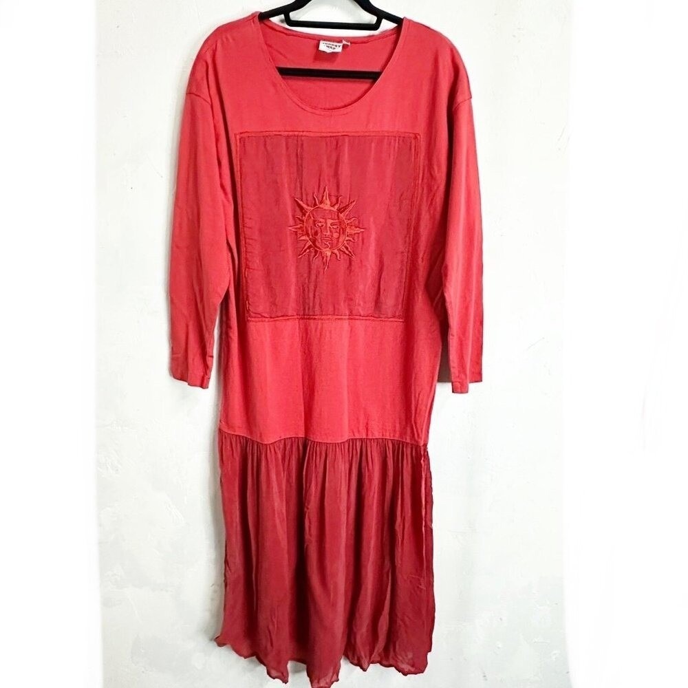 VTG Johnny Was TShirt Dress Red Sun Art to Wear Womens Medium Cotton